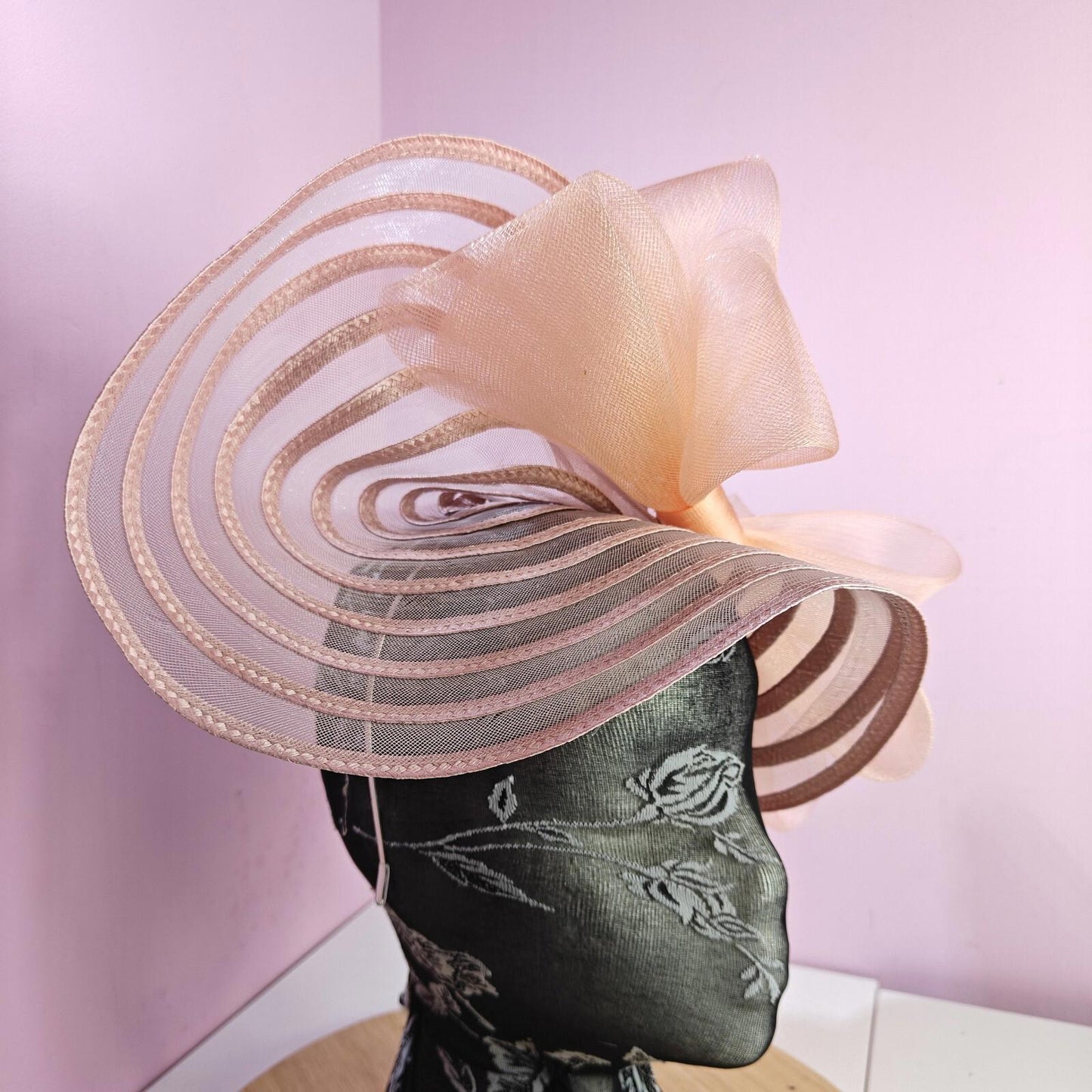 pink peach coral bow fascinator millinery wedding hat Kentucky Derby Royal Ascot