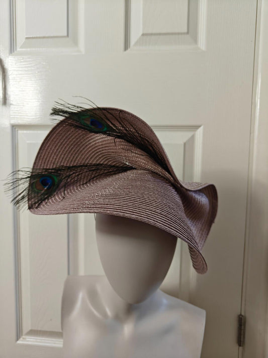 light brown straw fascinator peacock feather millinery headband wedding hat