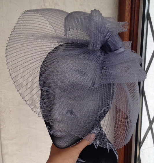 Grey feather fascinator millinery burlesque headband wedding hat hair piece