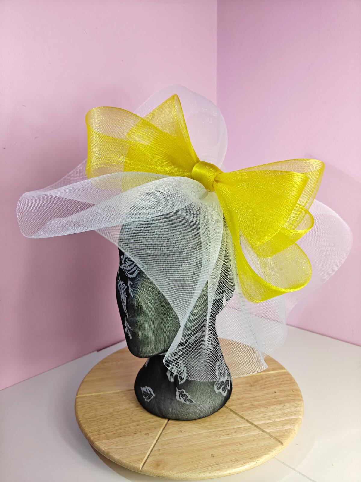 white yellow fascinator millinery headband derby wedding hat ascot race