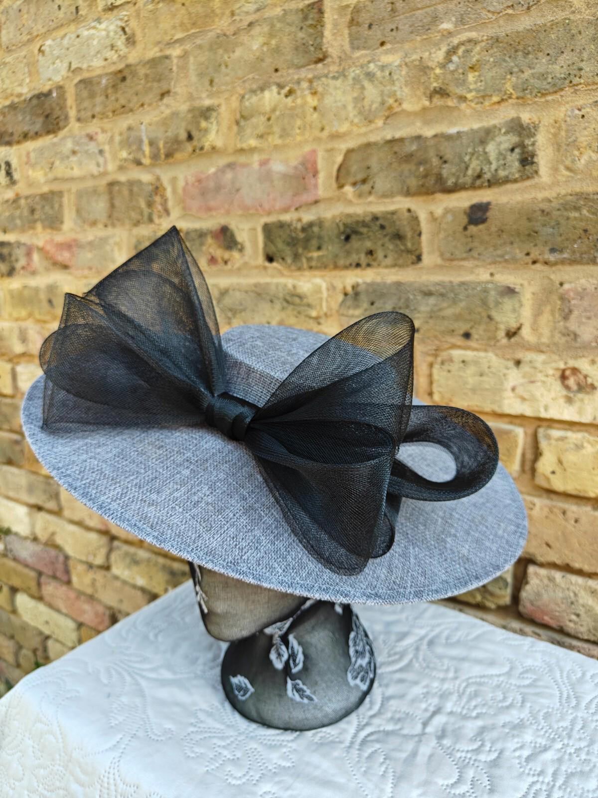 grey black large fascinator wedding hat  Kentucky Derby Royal Ascot bow
