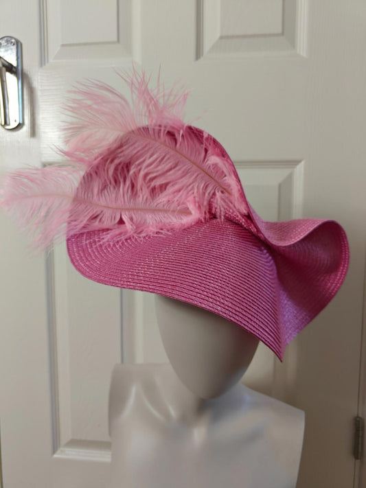 pink large straw fascinator ostrich feather millinery headband wedding hat