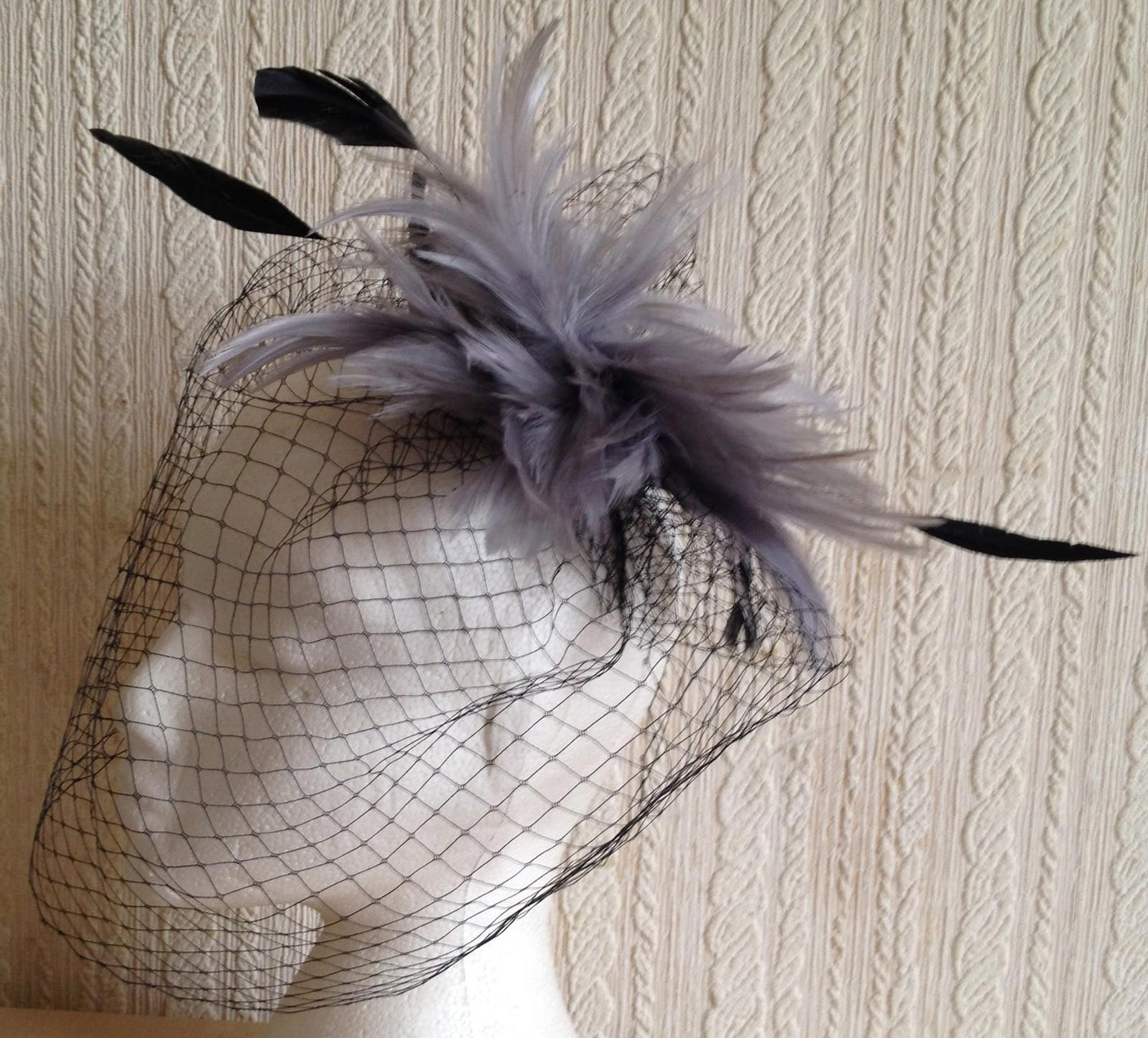 grey feather black veiling fascinator millinery brooch clip ascot wedding bridal
