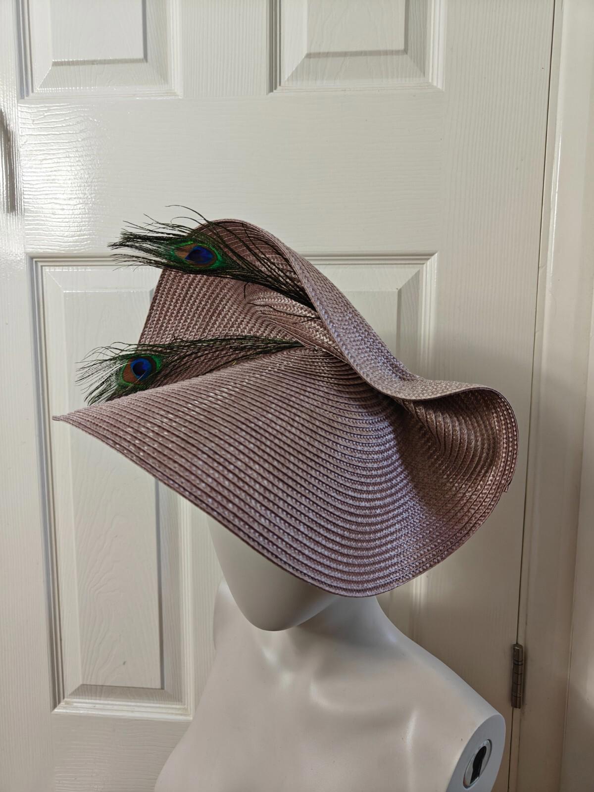 light brown straw fascinator peacock feather millinery headband wedding hat