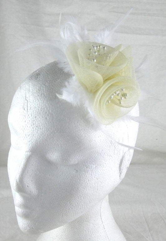 ivory cream fascinator millinery feather brooch clip wedding hair piece ascot