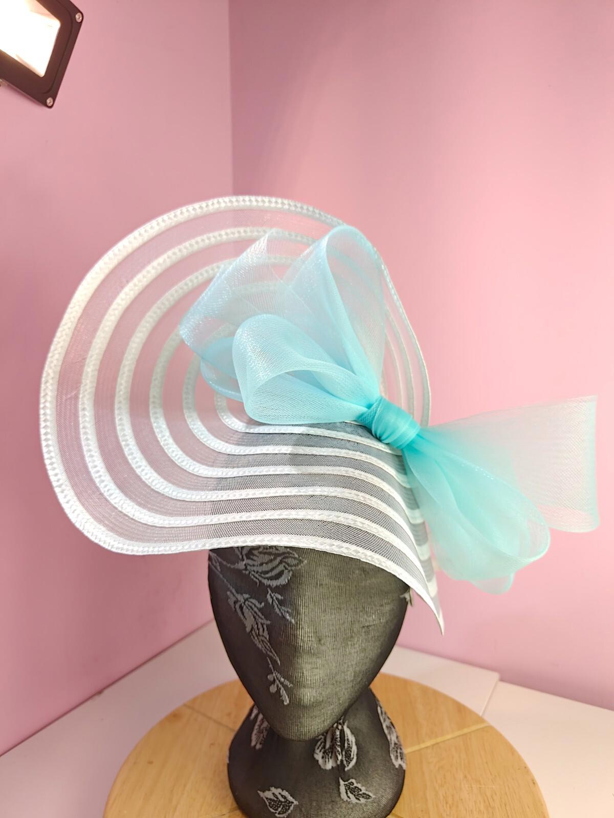 white blue bow fascinator millinery wedding hat Kentucky Derby Royal Ascot