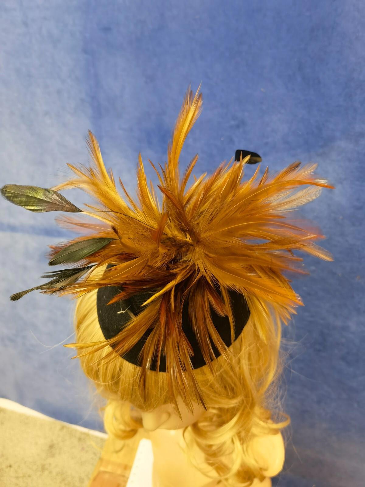 Brown black feather flower felt mini pill box hat veiling veil fascinator