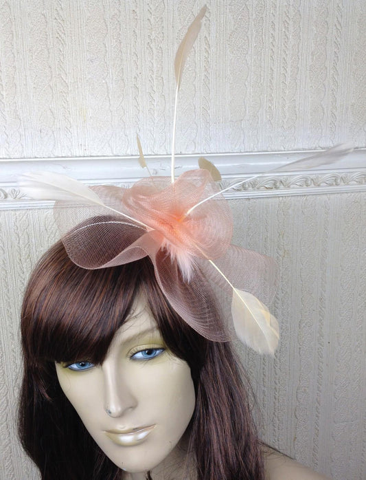 nude peach coral feather hair headband fascinator millinery wedding ascot