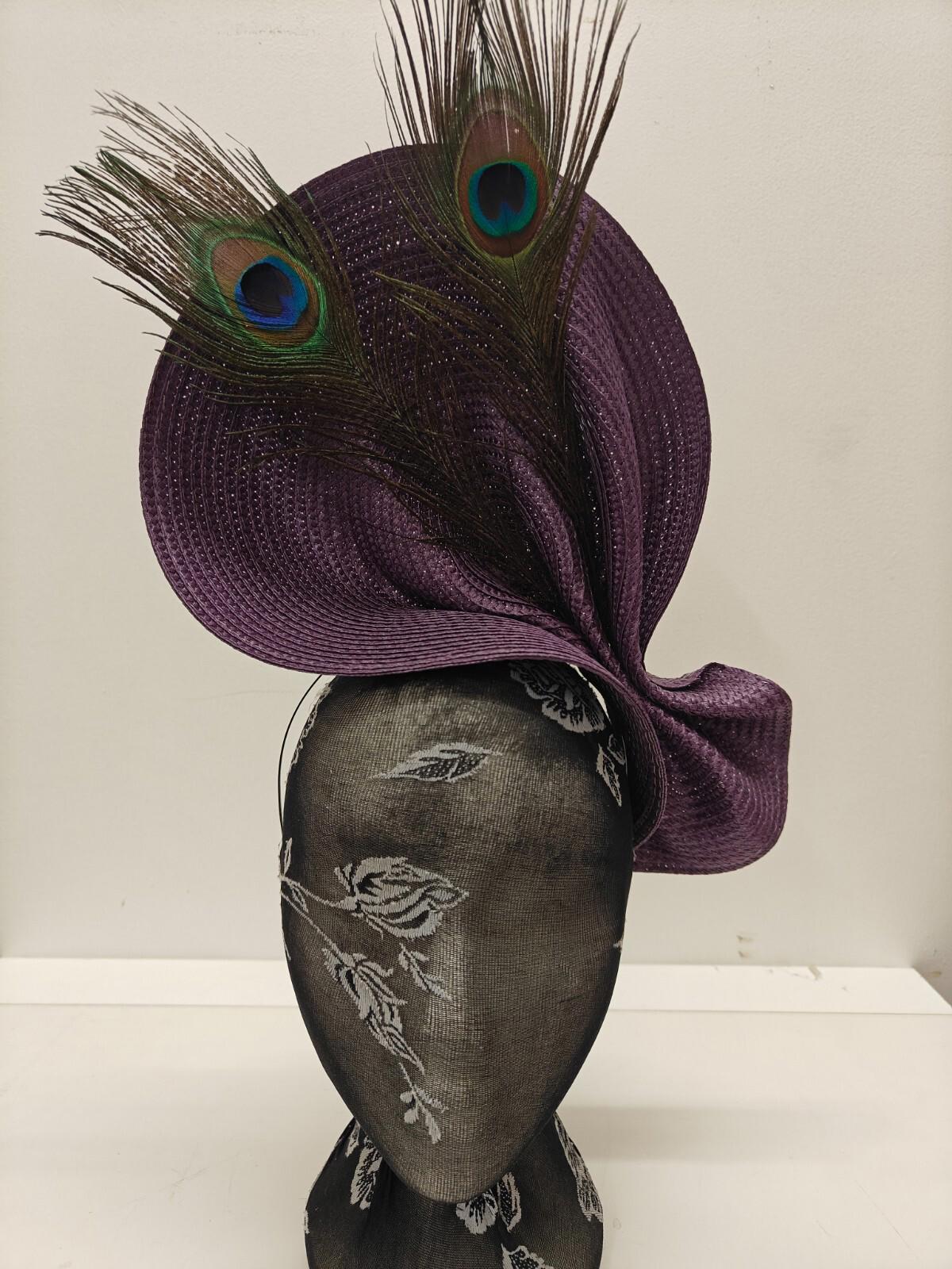 purple large straw fascinator peacock feather millinery headband wedding hat
