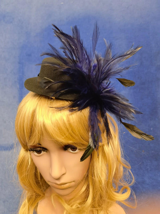 Navy black feather mini top hat fascinator millinery burlesque wedding 1