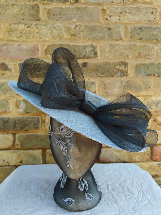 grey blue black large fascinator wedding hat  Kentucky Derby Royal Ascot bow