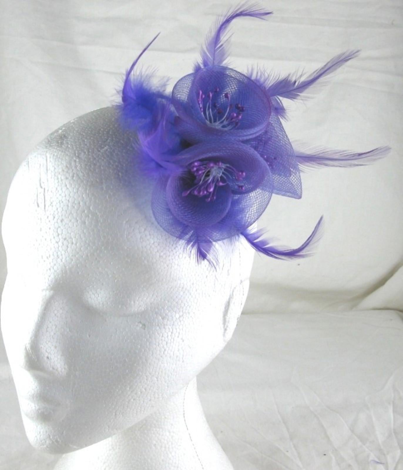 purple fascinator millinery feather brooch clip wedding bridal hair piece ascot