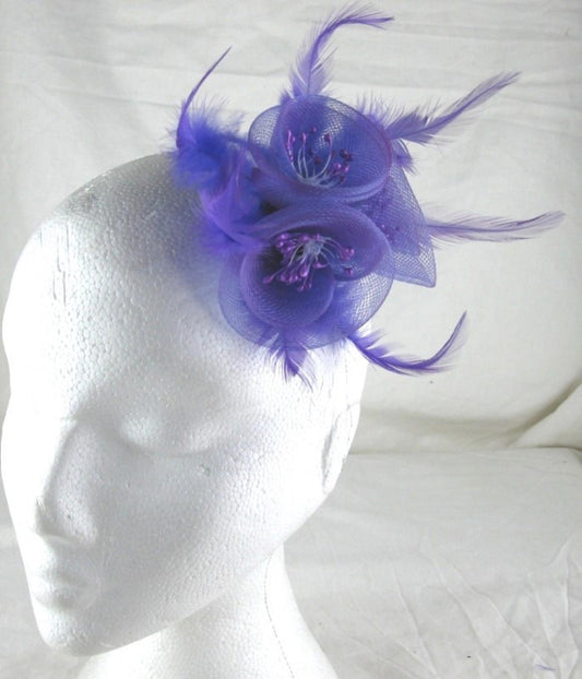 purple fascinator millinery feather brooch clip wedding bridal hair piece ascot