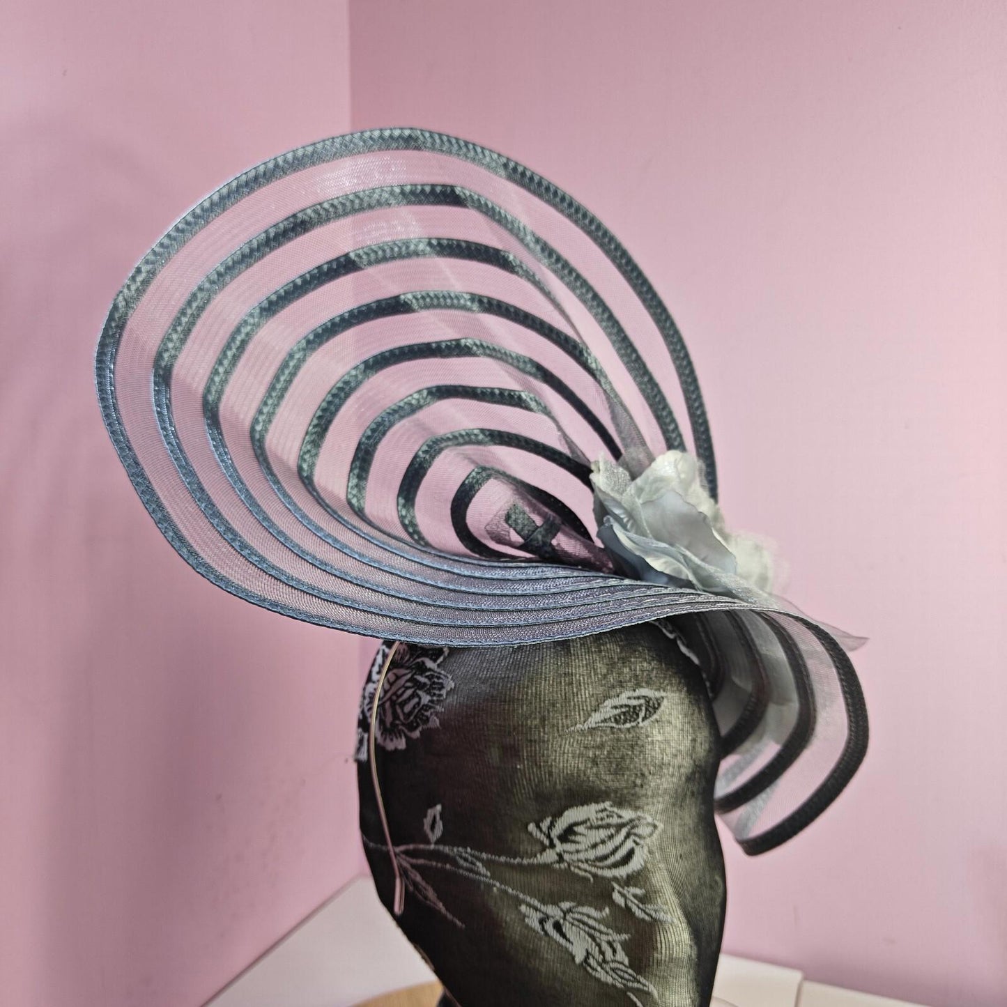 grey flower fascinator millinery wedding hat Kentucky Derby Royal Ascot
