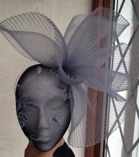 Grey feather fascinator millinery burlesque headband wedding hat hair piece
