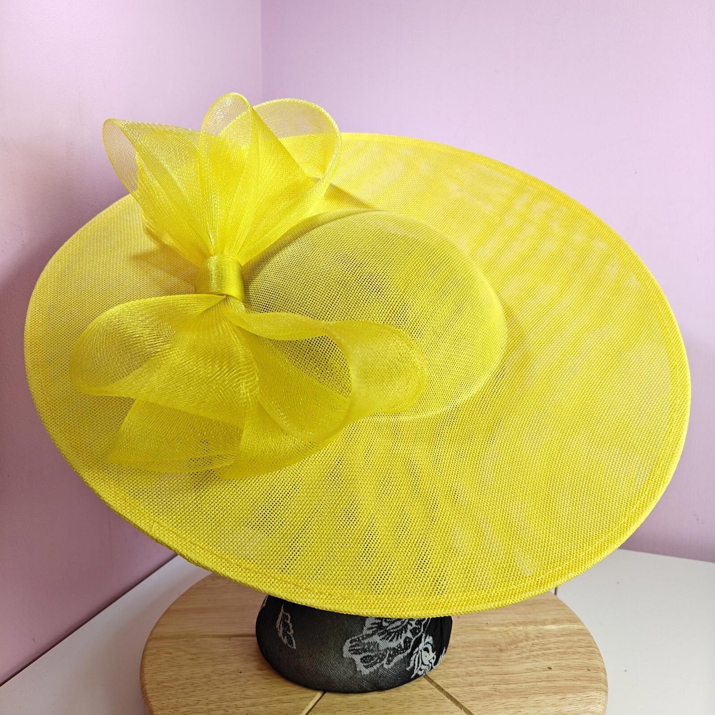 bright yellow large fascinator wedding hat  Kentucky Derby Royal Ascot bow