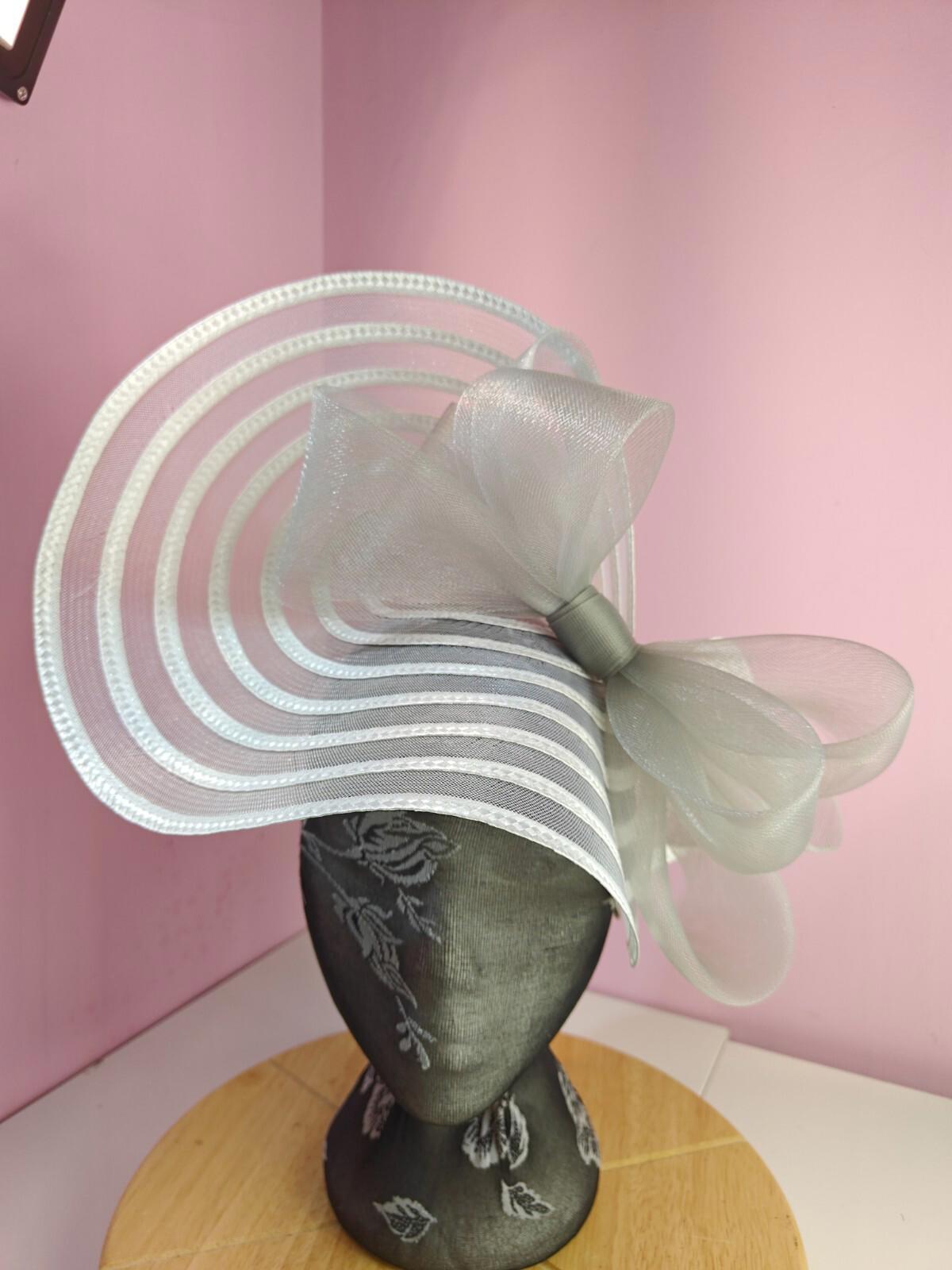 white grey bow fascinator millinery wedding hat Kentucky Derby Royal Ascot