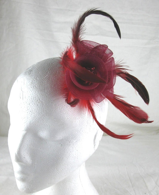 dark red fascinator millinery feather brooch clip wedding hair piece ascot