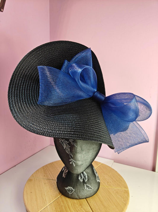 black blue large straw fascinator wedding hat Kentucky Derby Royal Ascot