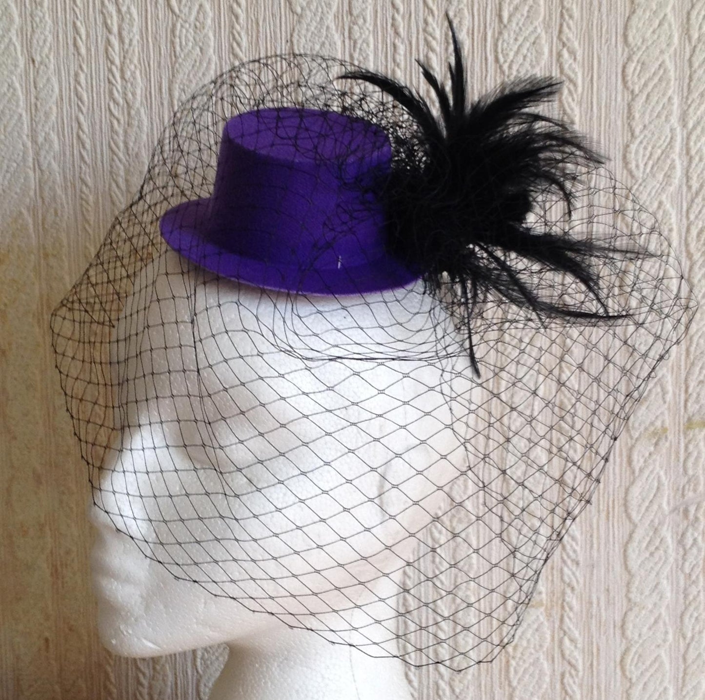 black veiling feather purple mini top hat fascinator millinery burlesque wedding