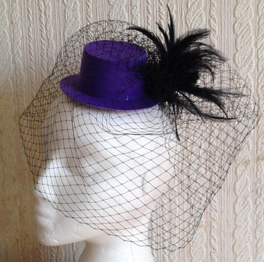 black veiling feather purple mini top hat fascinator millinery burlesque wedding