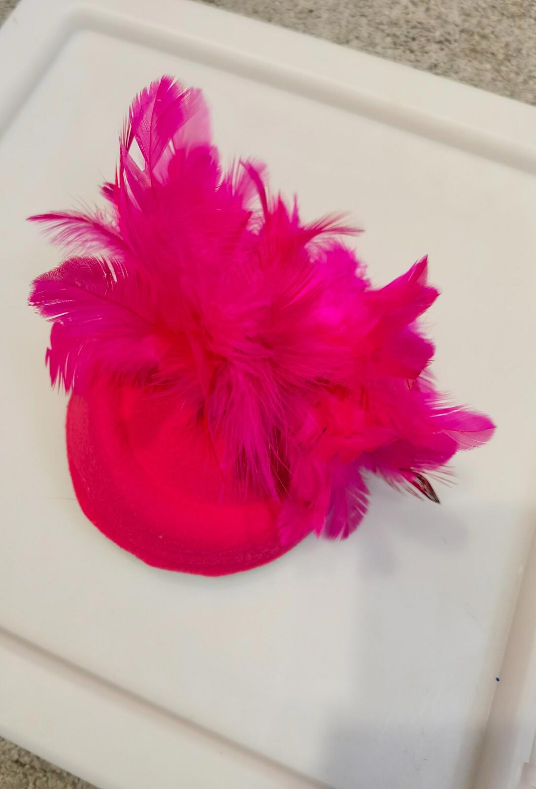 pink felt pillbox hat feather flower fascinator wedding bridal race vintage