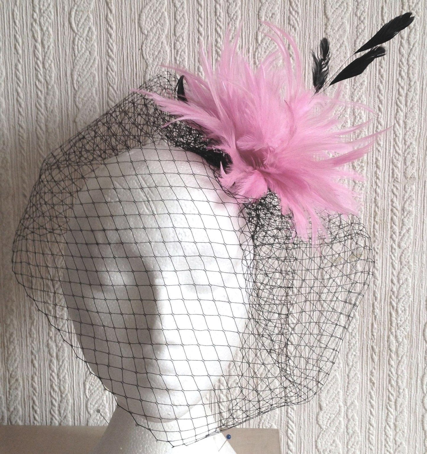 pink feather black veiling fascinator millinery hair clip ascot wedding bridal