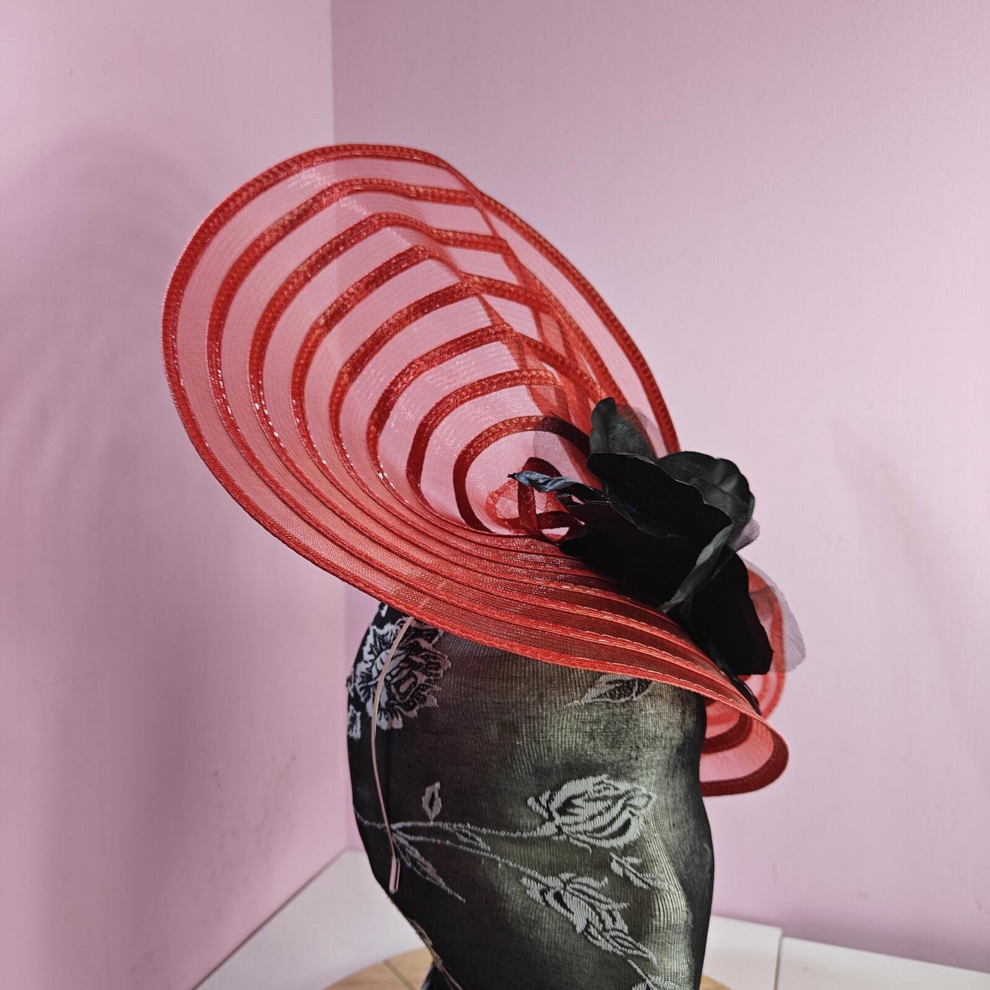 red black flower fascinator millinery wedding hat Kentucky Derby Royal Ascot