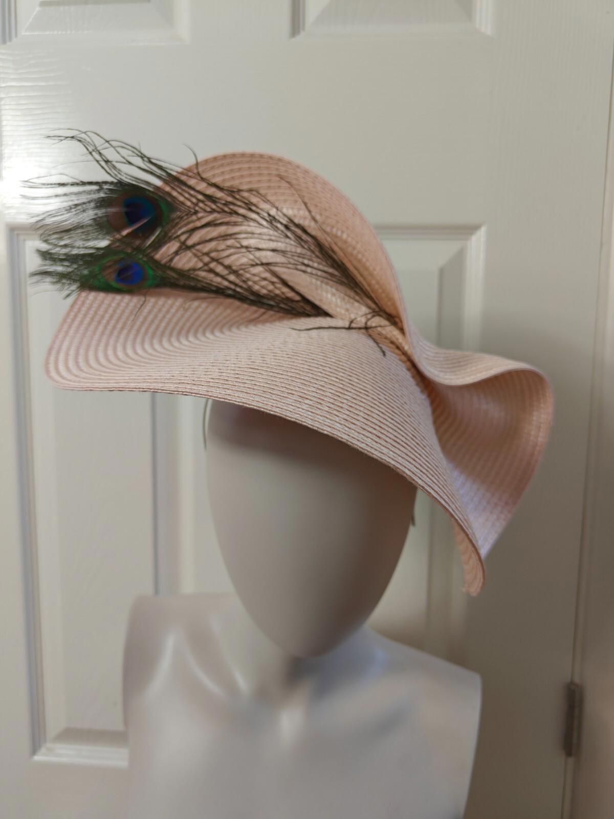 nude pink large straw fascinator peacock feather millinery headband wedding hat