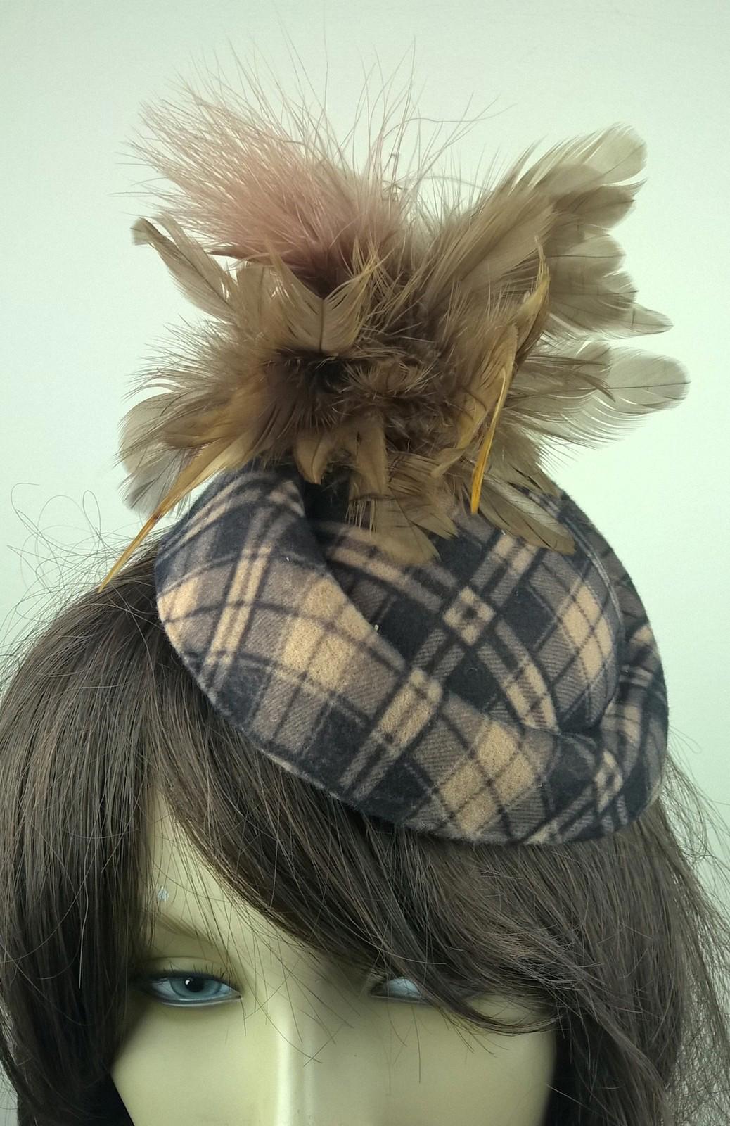 beige felt pillbox hat feather flower fascinator wedding bridal race vintage 1