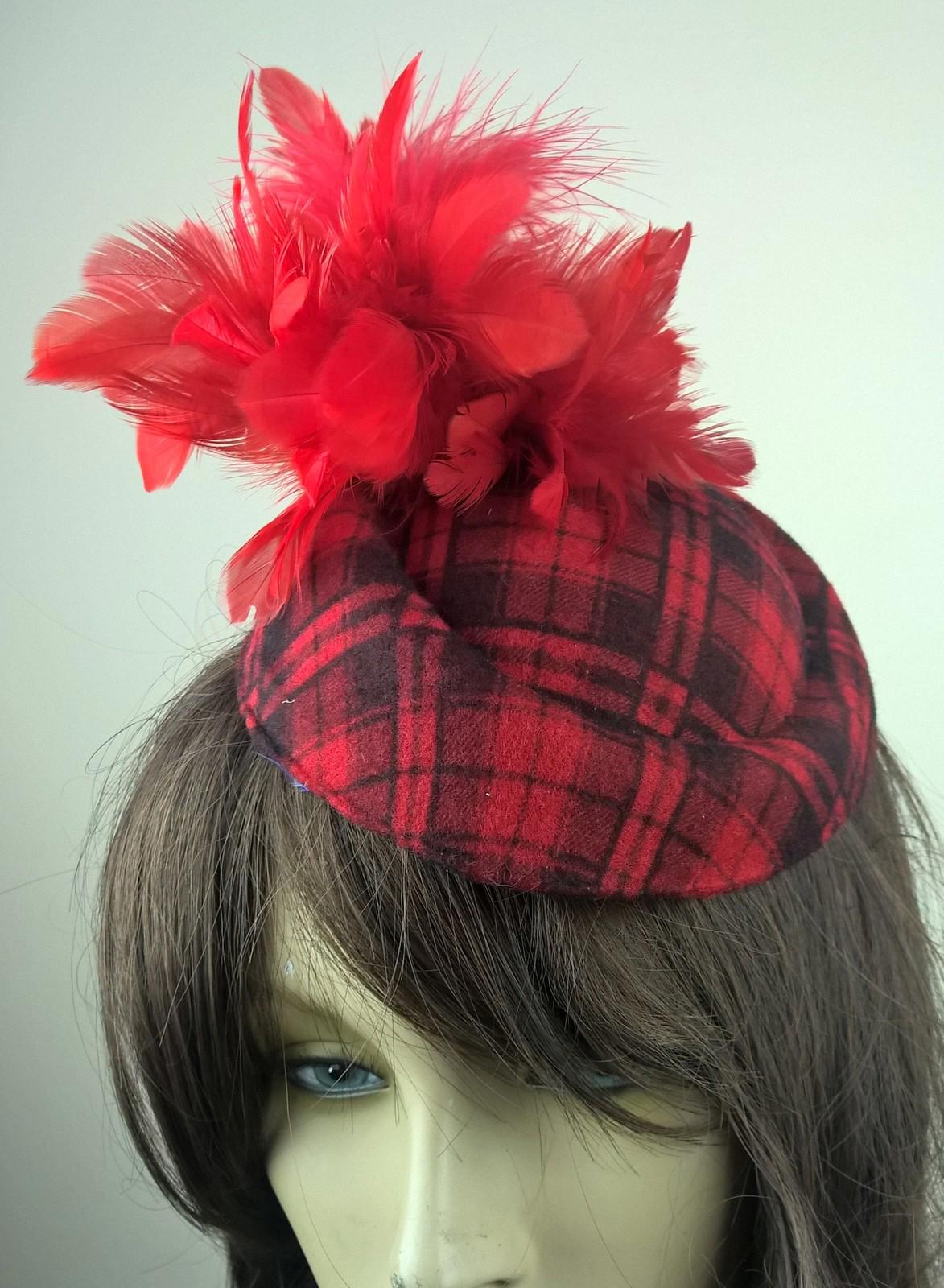 red felt pillbox hat feather flower fascinator wedding bridal race vintage x