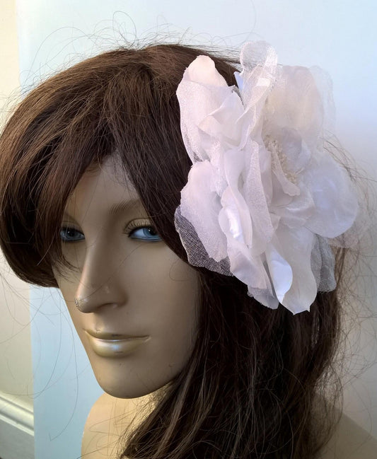 white satin flower fascinator millinery burlesque wedding hat bridal race