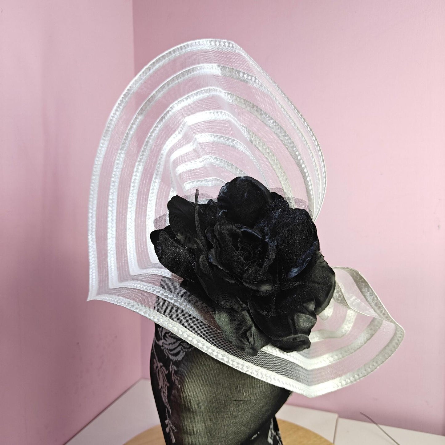 white black flower fascinator millinery wedding hat Kentucky Derby Royal Ascot
