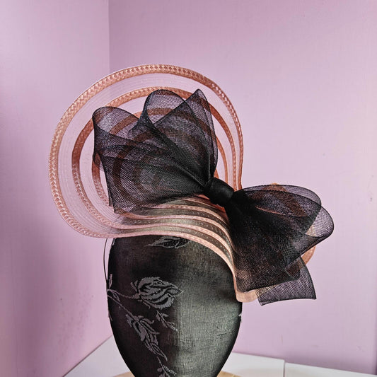 peach coral black bow fascinator wedding hat Kentucky Derby Royal Ascot