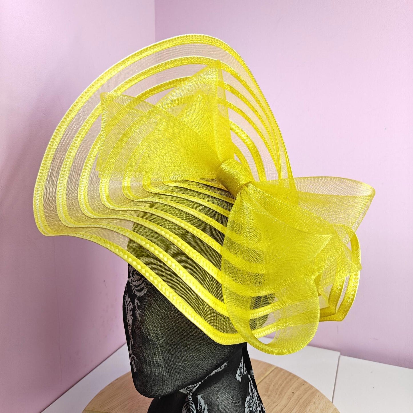 bright yellow bow fascinator millinery wedding hat Kentucky Derby Royal Ascot