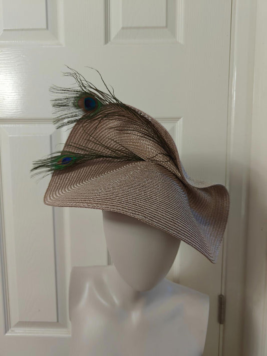 beige large straw fascinator peacock feather millinery headband wedding hat
