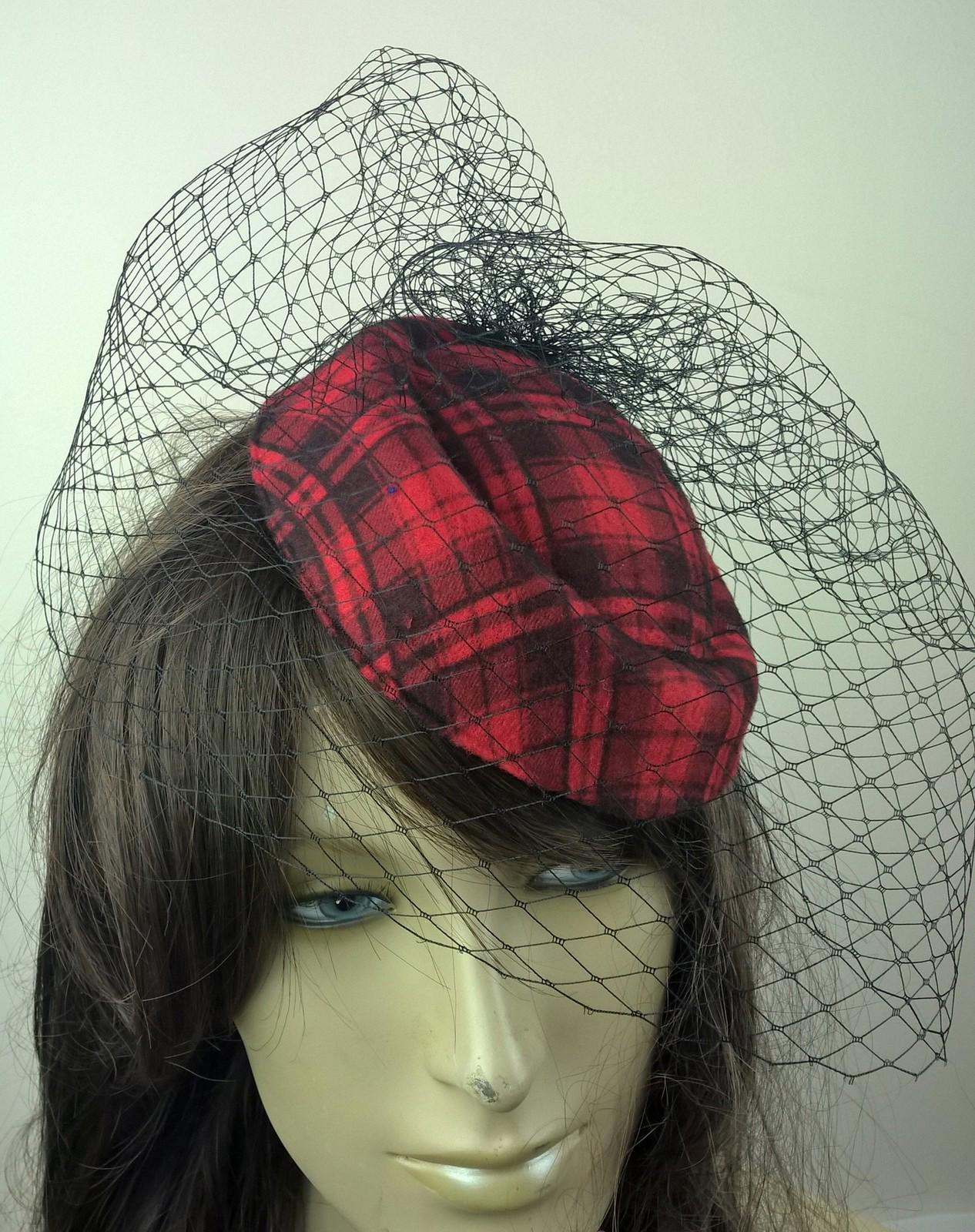 red felt mini pill box hat black veiling french veil fascinator wedding race  x