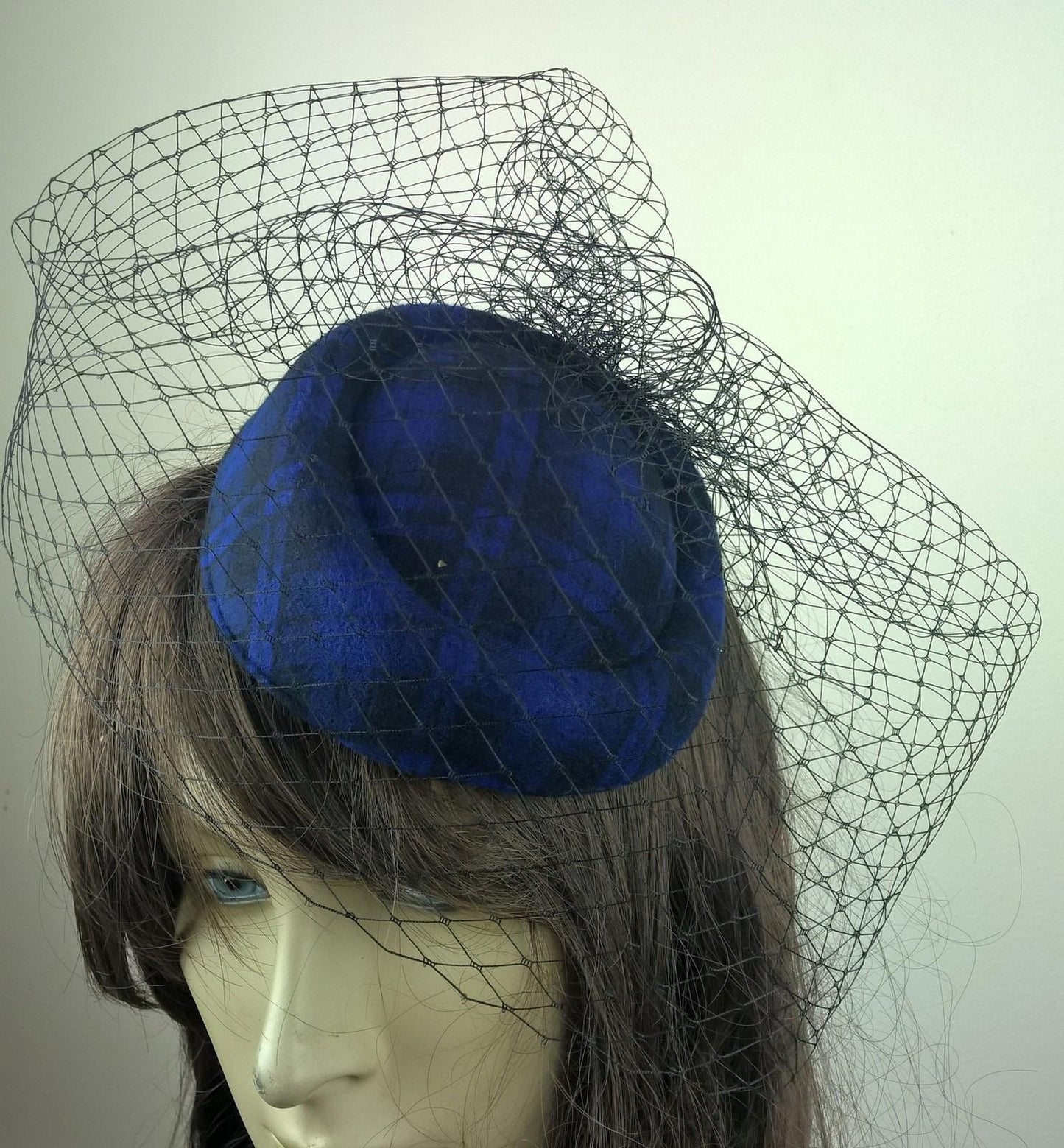 royal blue felt mini pill box hat black veiling french veil fascinator wedding