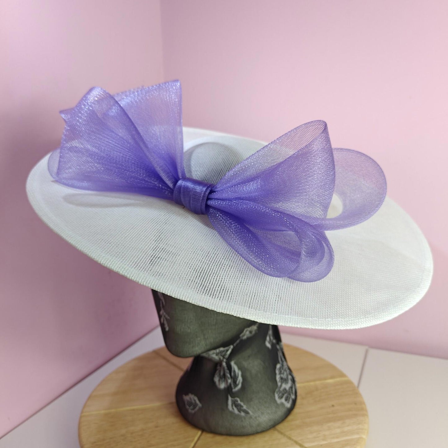 white lilac large fascinator wedding hat  Kentucky Derby Royal Ascot bow