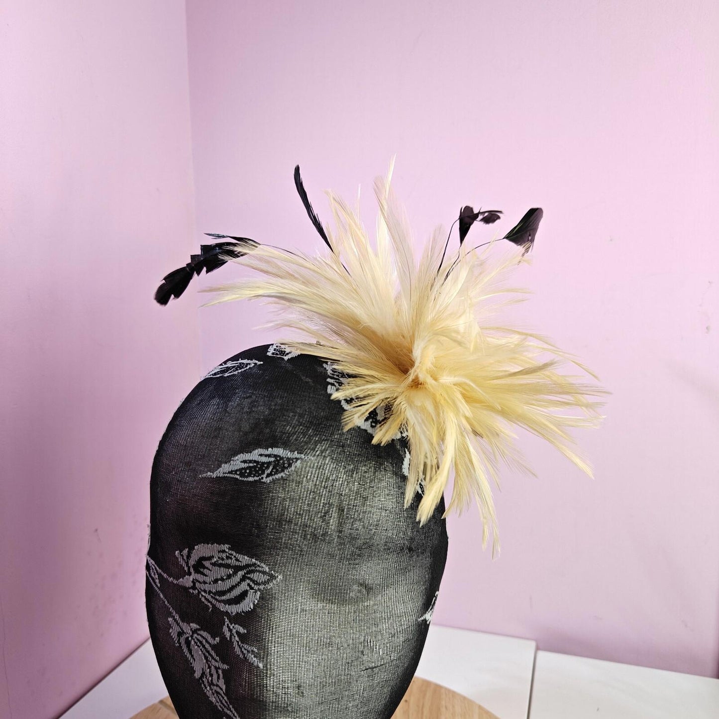 nude cream peach black fascinator millinery feather brooch clip hat