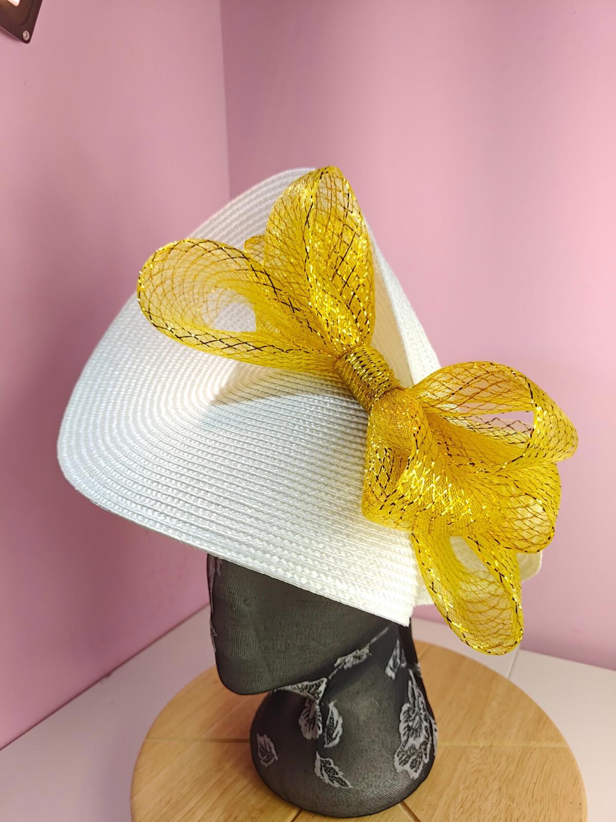 white gold large straw fascinator wedding hat Kentucky Derby Royal Ascot