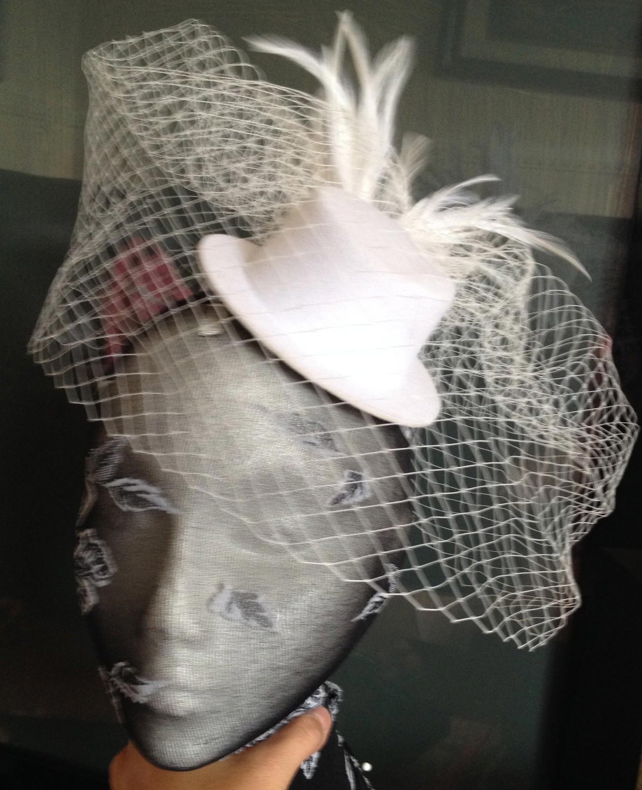 white veiling feather white mini top hat fascinator millinery burlesque wedding