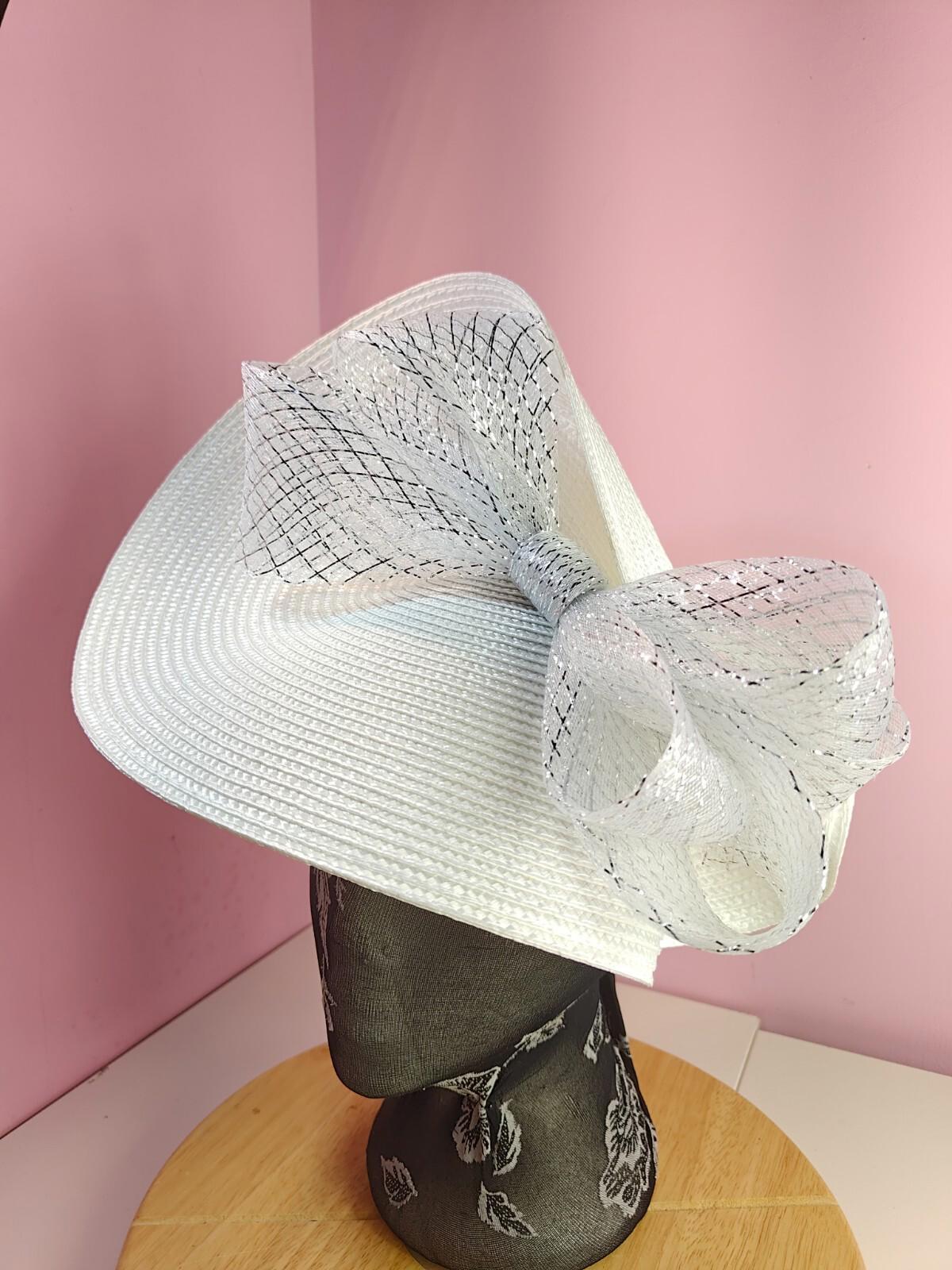 white silver large straw fascinator wedding hat Kentucky Derby Royal Ascot