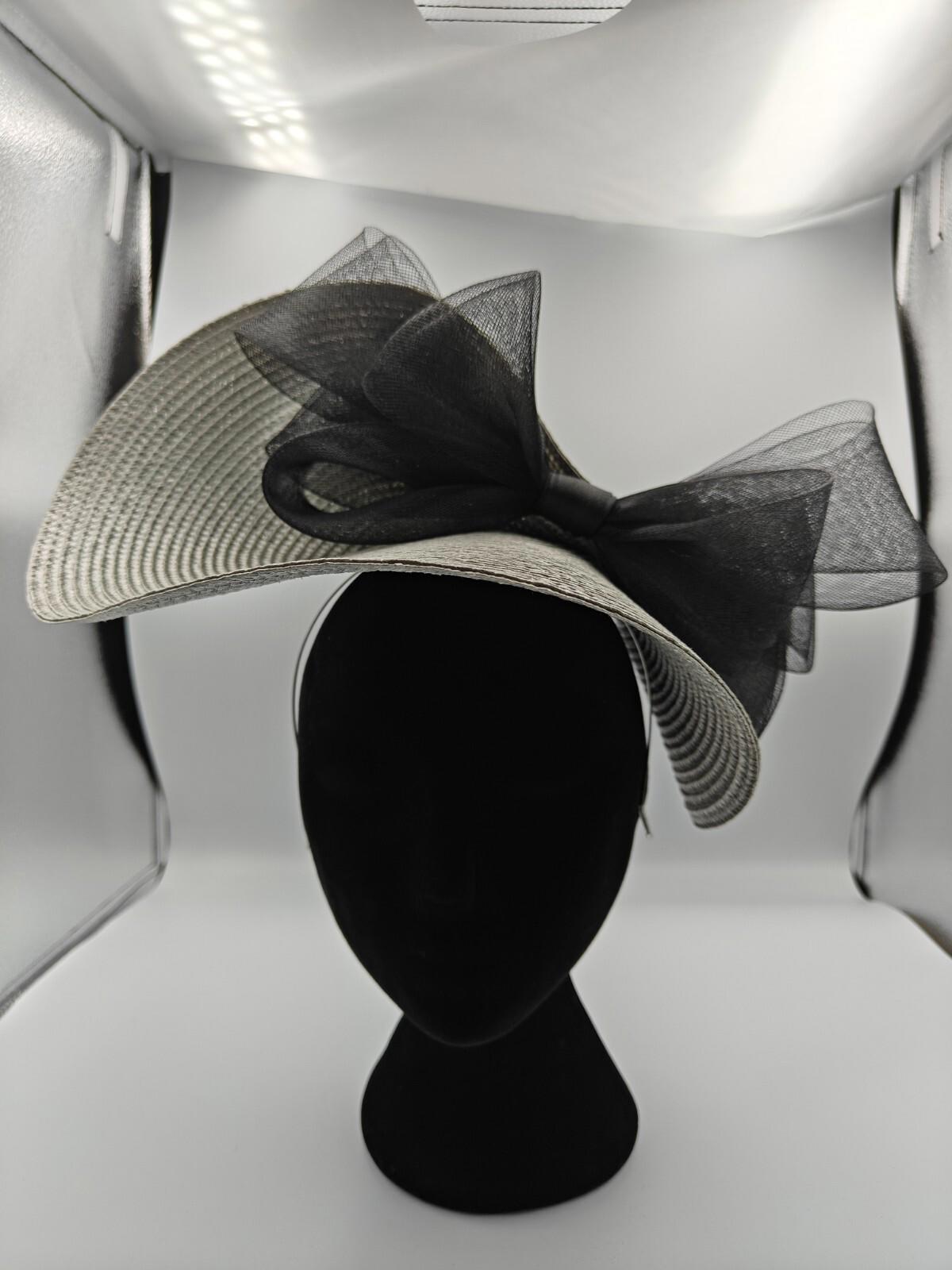 silver grey black bow straw fascinator millinery burlesque headband wedding hat