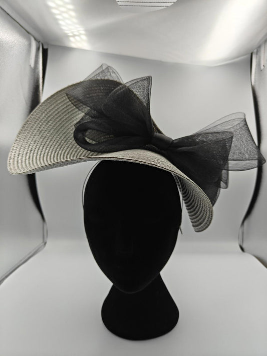 silver grey black bow straw fascinator millinery burlesque headband wedding hat