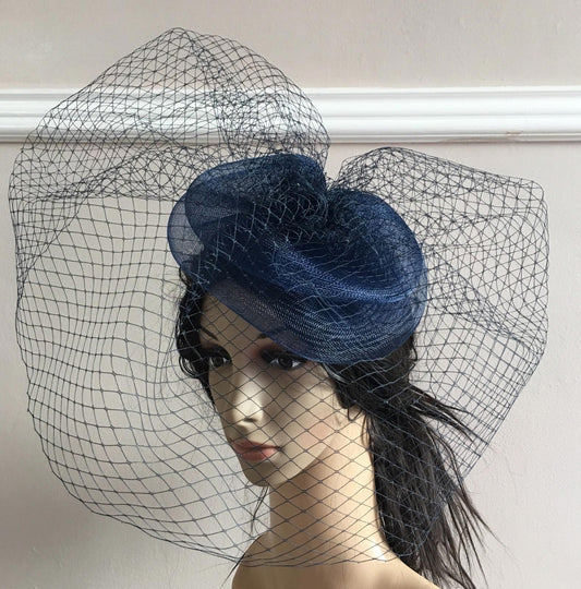 navy blue french veil veiling fascinator wedding bridal hair clip hat race ascot