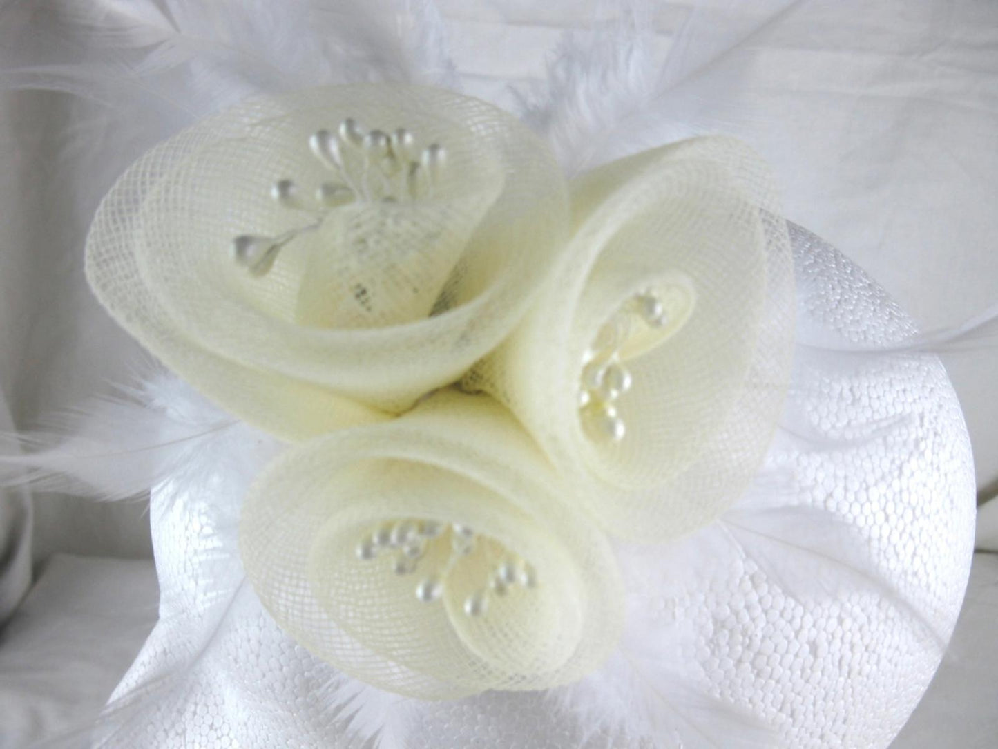ivory cream fascinator millinery feather brooch clip wedding hair piece ascot