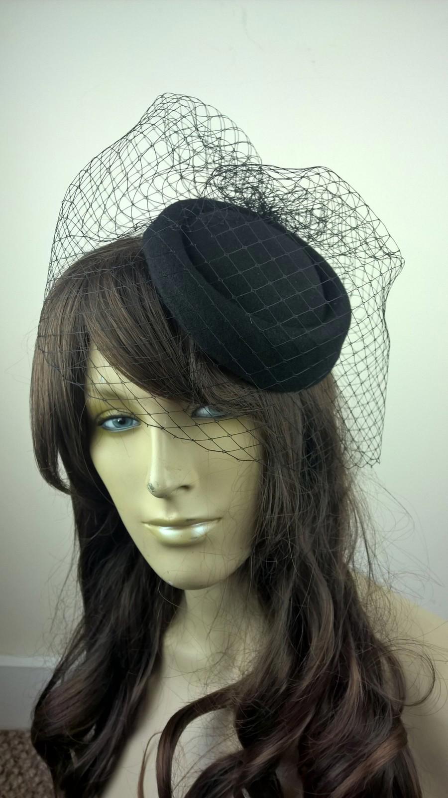 black felt mini pill box hat black veiling french veil fascinator wedding