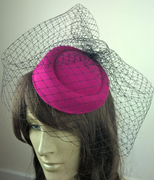hot pink felt mini pill box hat black veiling french veil fascinator wedding
