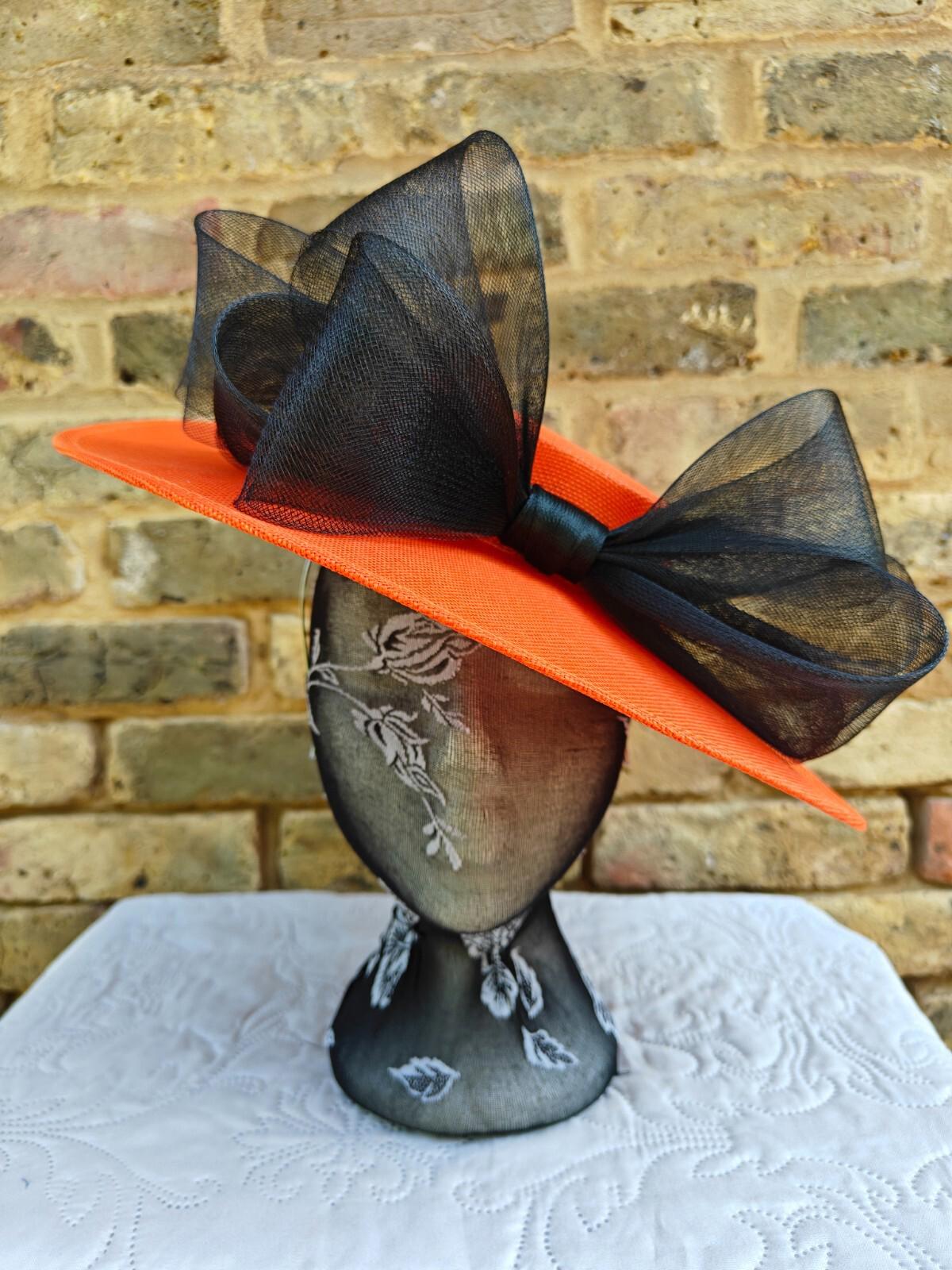 orange black large fascinator wedding hat  Kentucky Derby Royal Ascot bow